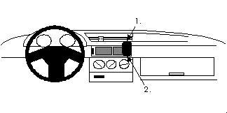 Instrumentpanel med ratt, kontroller och förvaringsutrymme.