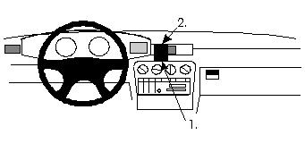 Instrumentpanel med ratt och kontroller för radio och luftkonditionering.
