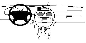 En skiss av bilens interiör med ratt och instrumentpanel.