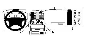 Illustration av Toyota Avensis interiör med kontroller och lagringsutrymme.