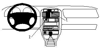 Skiss av bilinteriör med fokus på mittkonsol och stereoinstallation.