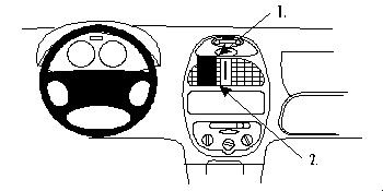 Illustration av instrumentbräda med ratt och mittkonsol för Peugeot 206.
