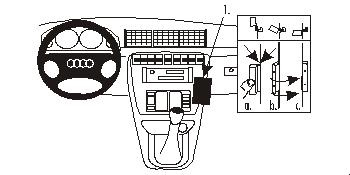 Illustration av Audi A4 95-01 interiör med kontrollpanel och volymkontroll.