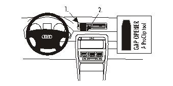 Diagram som visar centerkonsol och instrumentbräda för Audi A4 01-07.