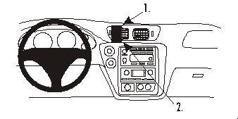 Instrumentbräda med ratt, radio och kontroller.