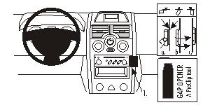 Instrumentbräda med ratt och kontroller, instruktioner för gapöppnare.
