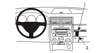 Illustration av instrumentbräda och ratt i Mazda 2 (03-07).
