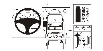 Bild som visar instrumentpanel, stereo och verktyg för installation.
