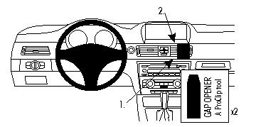 Diagram av bilens inredning med fokus på navigationspanel och gapöppnare.