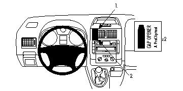 Kuvade instrumentpanel med kontroller, stereo och växelspak.