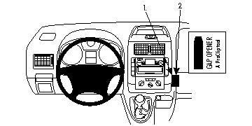 En bilinteriör med ratt, instrumentpanel och kontroller.