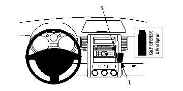 Illustration av bilinteriör med fokus på stereo och kontroller.