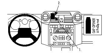 Instrumentpanel med ratt, stereo och fack för verktyg.