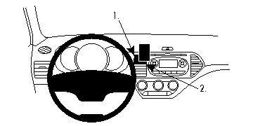 Bild av bilens instrumentpanel med ratten och kontroller.