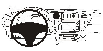 Illustration av Toyota Auris 13-15 interiör med instrumentpanel och ratt.