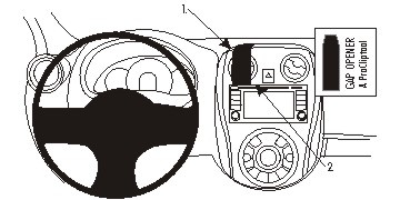 Illustration av instrumentpanelen i en Nissan Note 13-15 med monteringspunkt.
