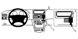 En skiss av bilens interiör med monteringsbygel för Toyota Corolla 98-01.