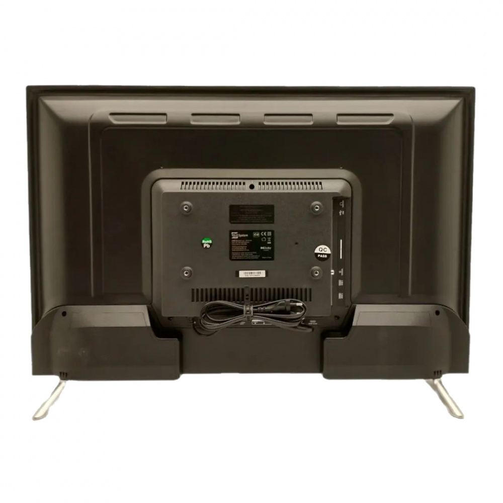 En svart TV med en integrerad soundbar och stödben. Bakpanelen syns.