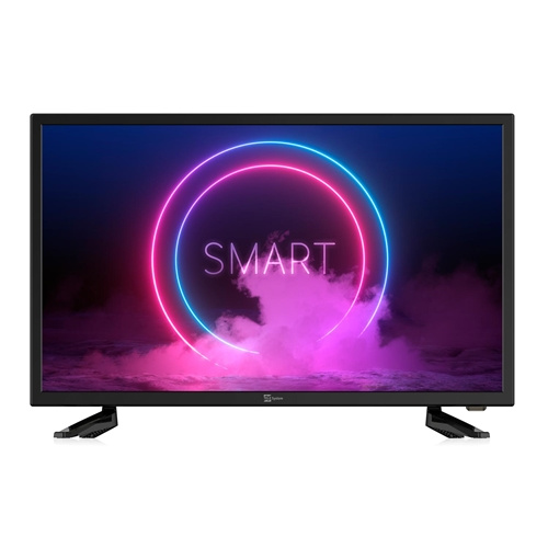 En slim TV med SMART-funktioner och färgglad bakgrund.