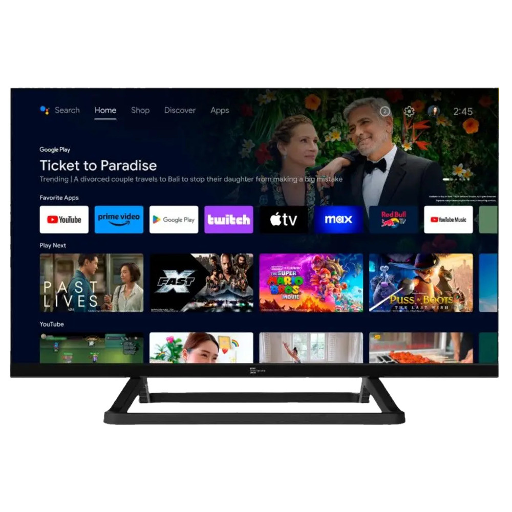 En TV-skärm med appar och ett färgglatt gränssnitt för underhållning.