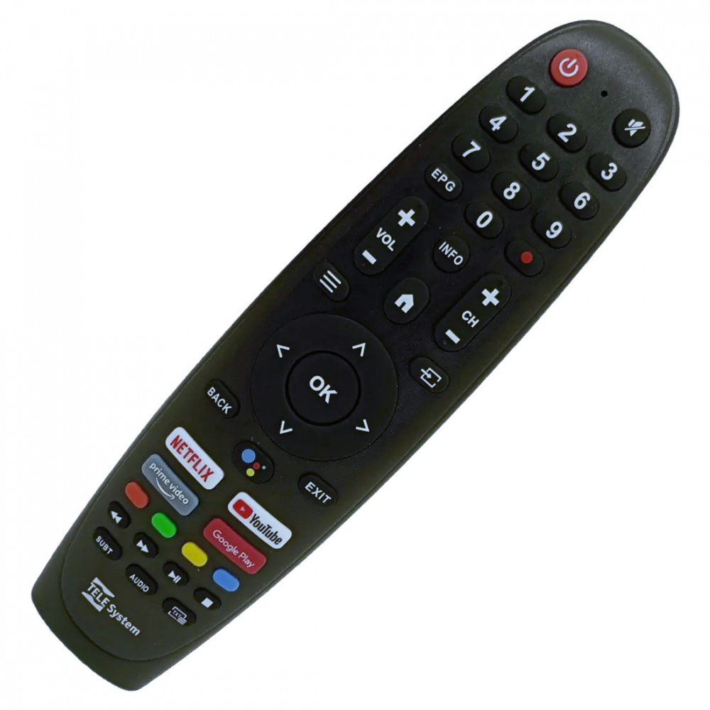 En svart fjärrkontroll med många knappar och snabbval för appar.