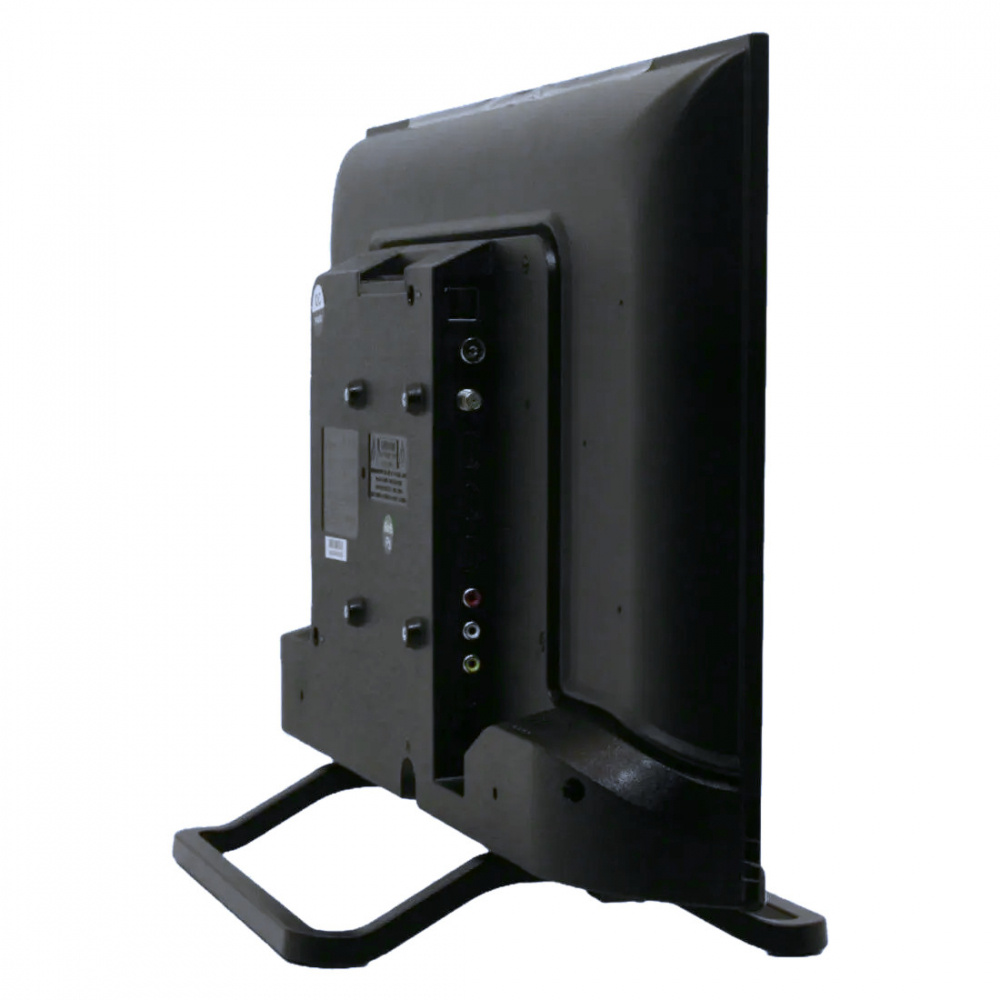 En svart tv med flera anslutningar på baksidan och stativ.