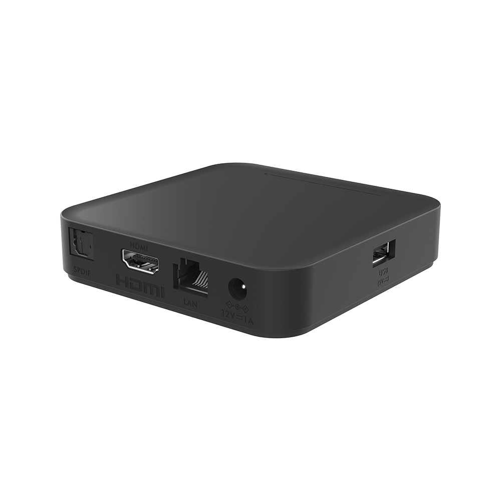 Svart mediaspelare med HDMI, LAN, USB-portar och strömingång.