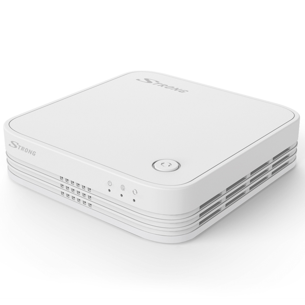 En vit WiFi Mesh-enhet med flera portar och indikatorlampor.