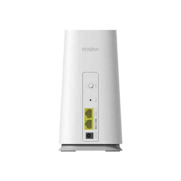 En vit router med två Ethernet-portar och en strömport.