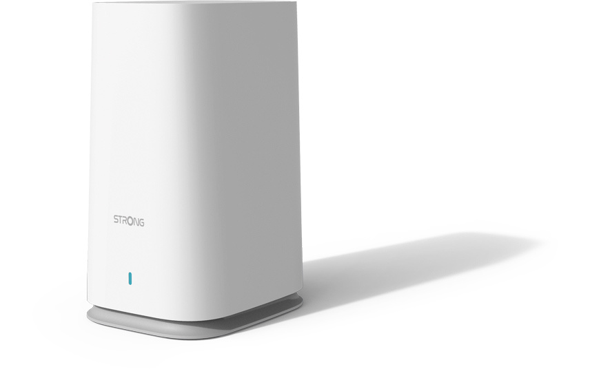 En vit router med rundad design och blå indikatorlampa.