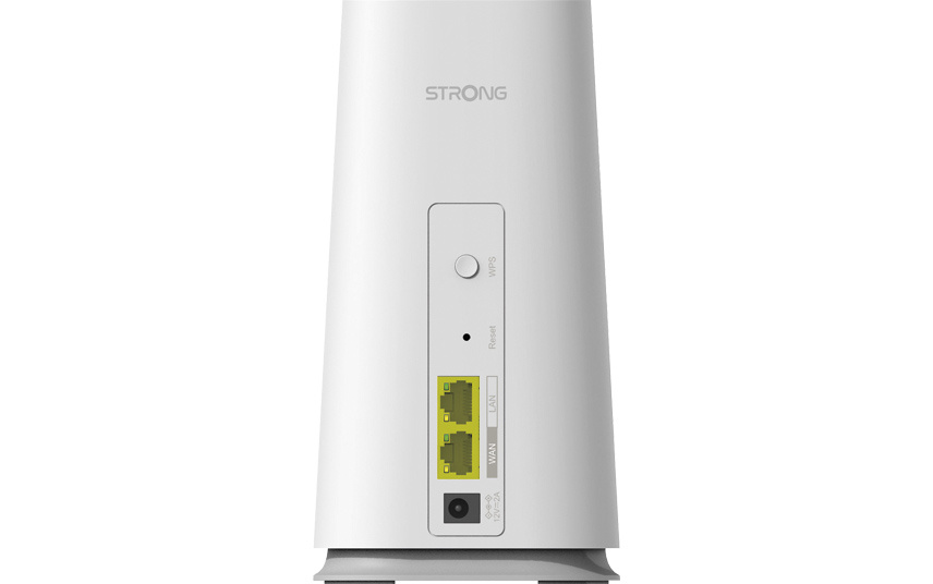 En vit nätverksenhet med knappar och portar för anslutning.