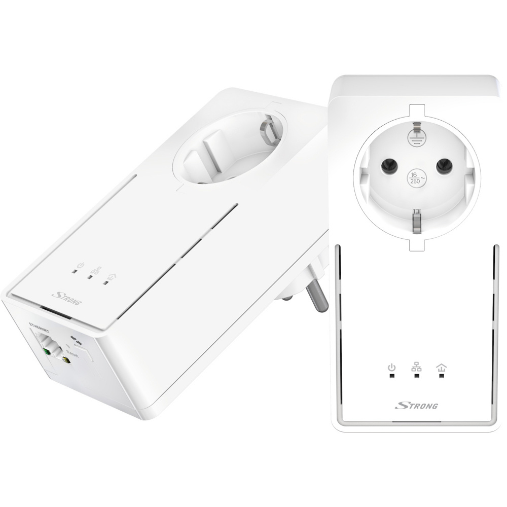 Två vita adaptrar för Powerline-nätverk med strömuttag och indikatorlampor.