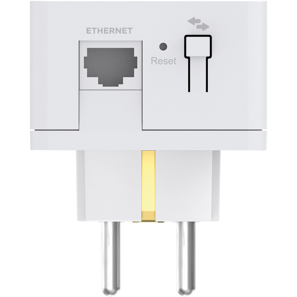 Nätverksadapter med Ethernet-port och reset-knapp. Vit design.