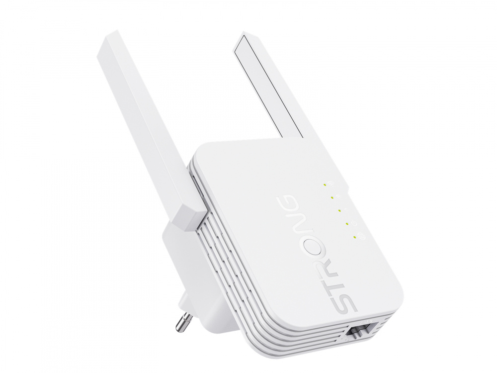 En vit wifi-repeater med två antenner och fyra indikatorlampor.