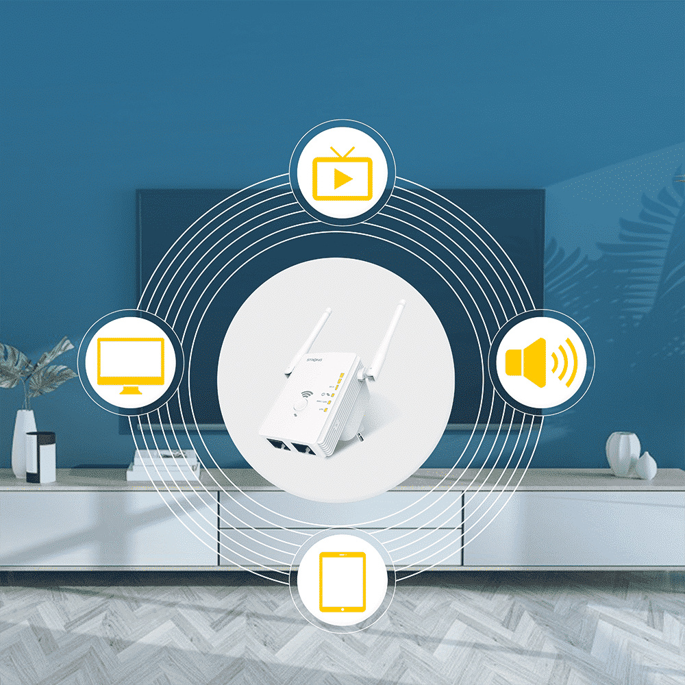 En vit signalförstärkare med ikoner för enheter som TV, högtalare, dator och telefon.