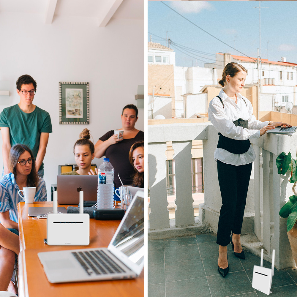 En router med människor som arbetar och en kvinna utomhus med en enhet.