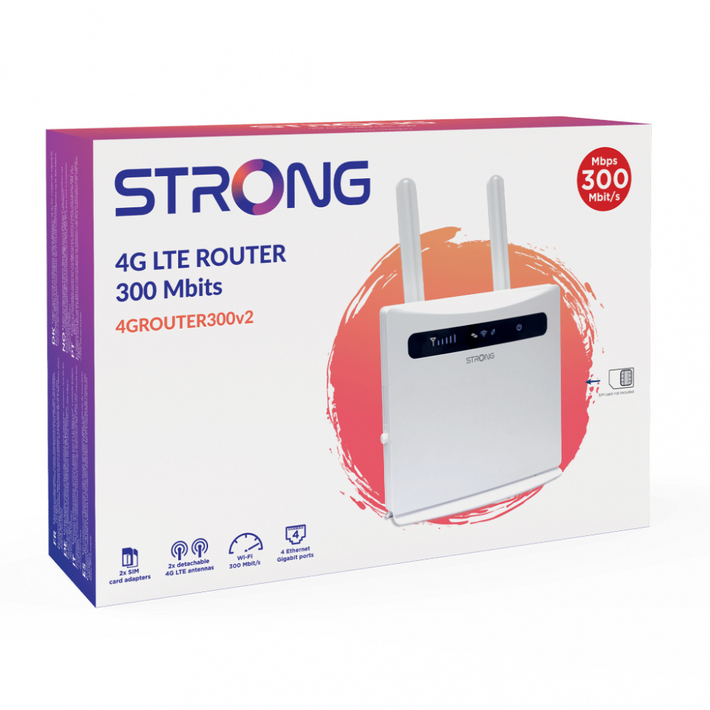 En vit 4G LTE-router med antenner, 300 Mbps hastighet, i en färgglad förpackning.