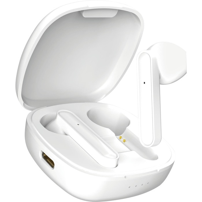 Trådlösa in-ear hörlurar i vitt med laddningsetui.