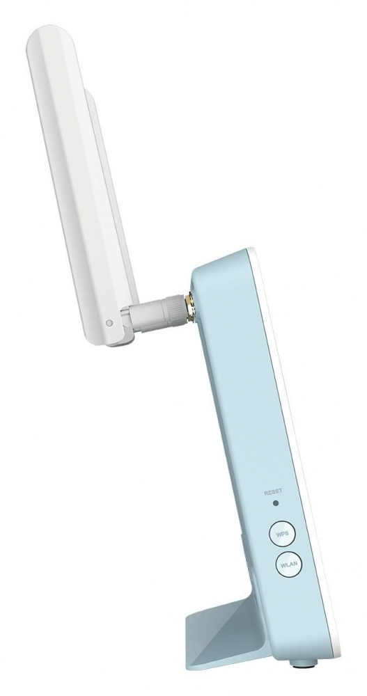 Router med en avskiljbar antenn, ljusblå design och knappar för funktioner.