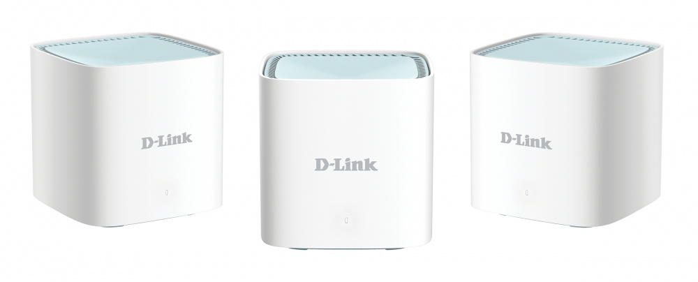 Tre vita mesh-routerenheter från D-Link med en modern design.