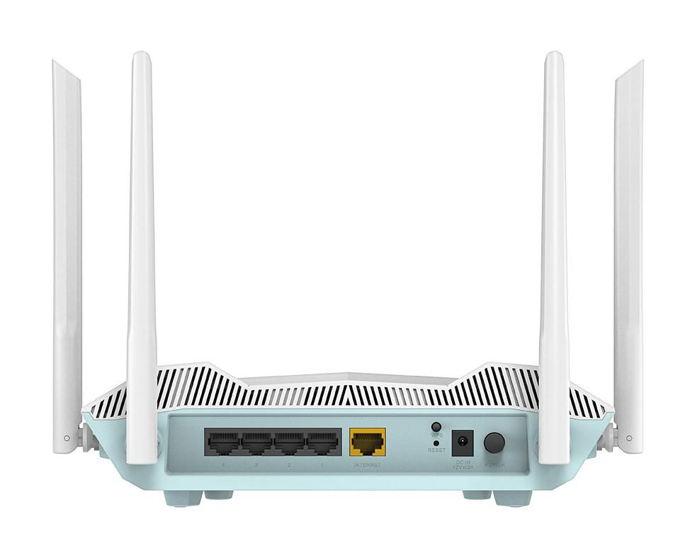 Router med fyra antenner och flera portar på baksidan.