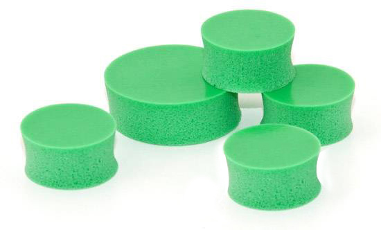 Gröna dämpkuddar i olika storlekar för CD-spelare, vikt 2-5 kg.