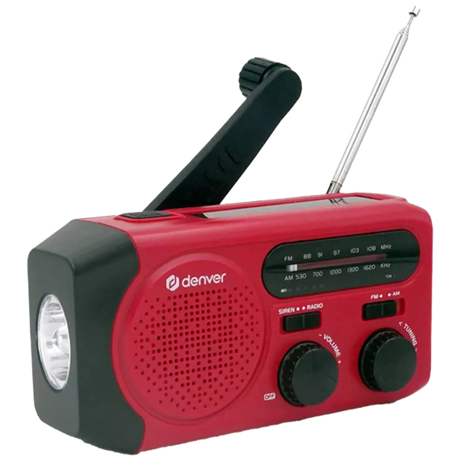 Vevradio med solcellsuppladdning, FM/AM, ficklampa och teleskopantenn.