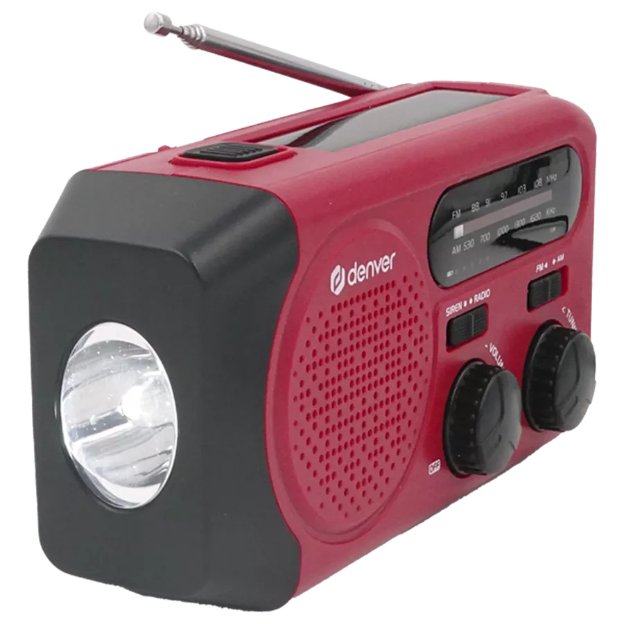 Vevradio med solcellsuppladdning och ficklampa, röd färg.