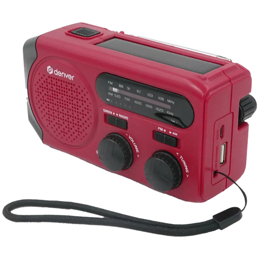 Vevradio i röd färg med solcellsuppladdning och monitor för AM/FM.