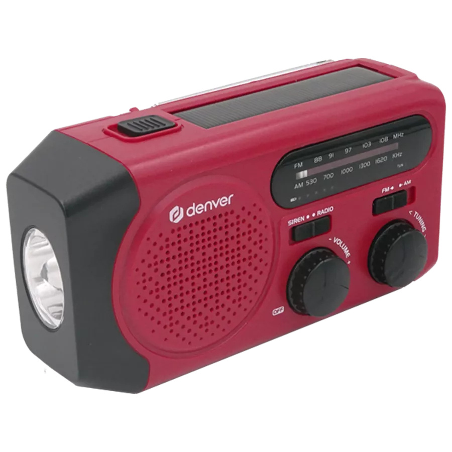 Vevradio med solceller, röd färg, FM/AM, ficklampa och volymkontroll.