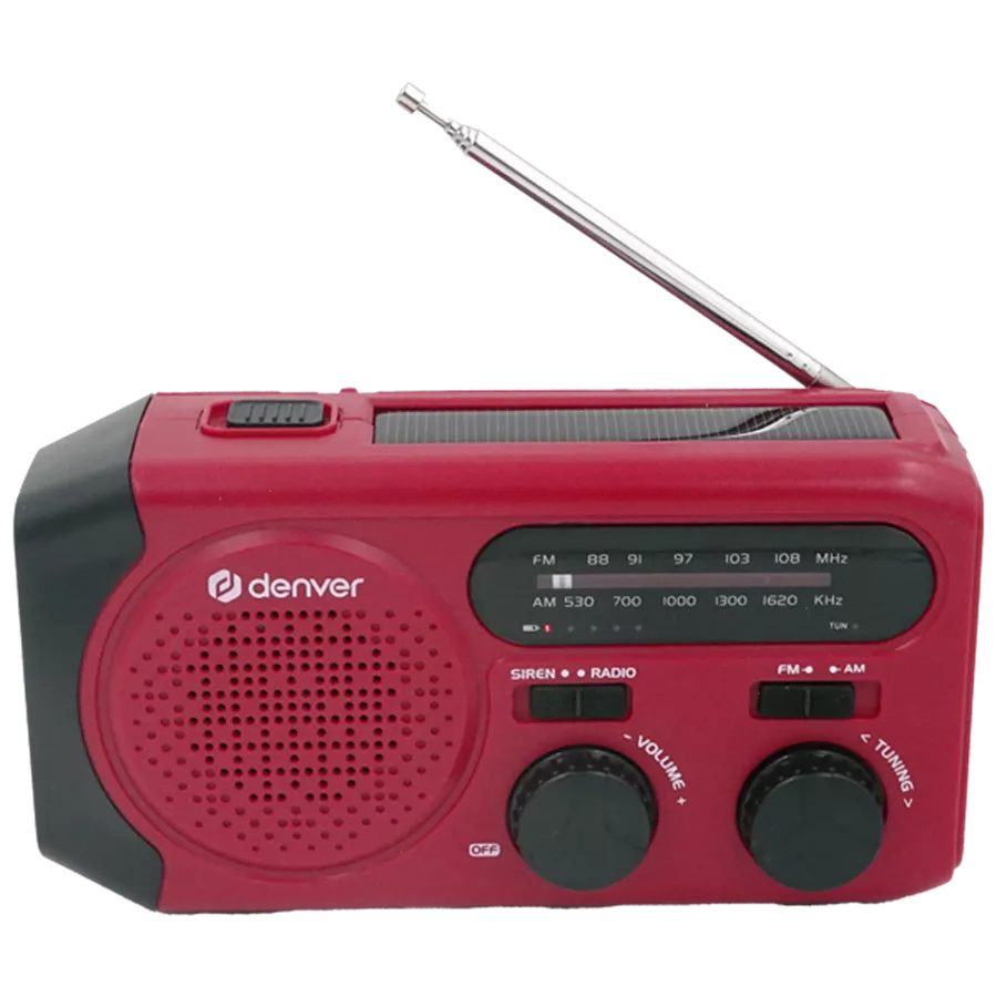 Vevradio i röd färg med solcellsuppladdning och flera mottagningsalternativ.