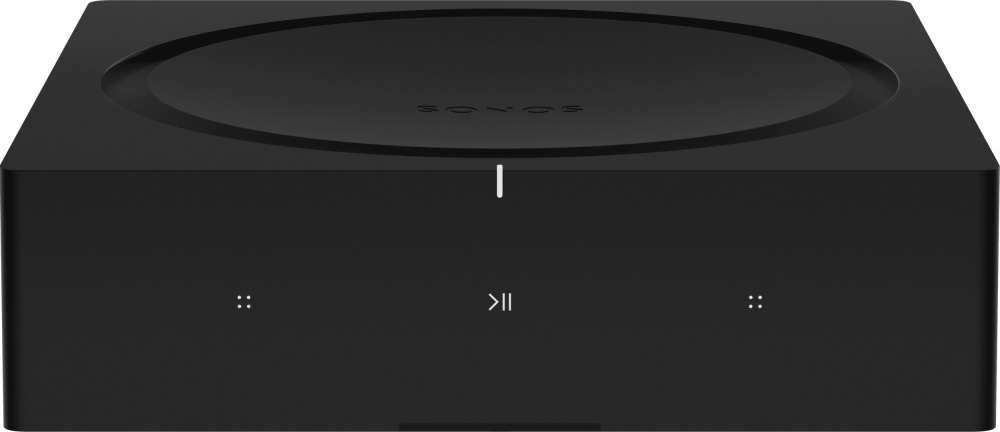 Svart stereoförstärkare med minimalistisk design och knappar för kontroll.