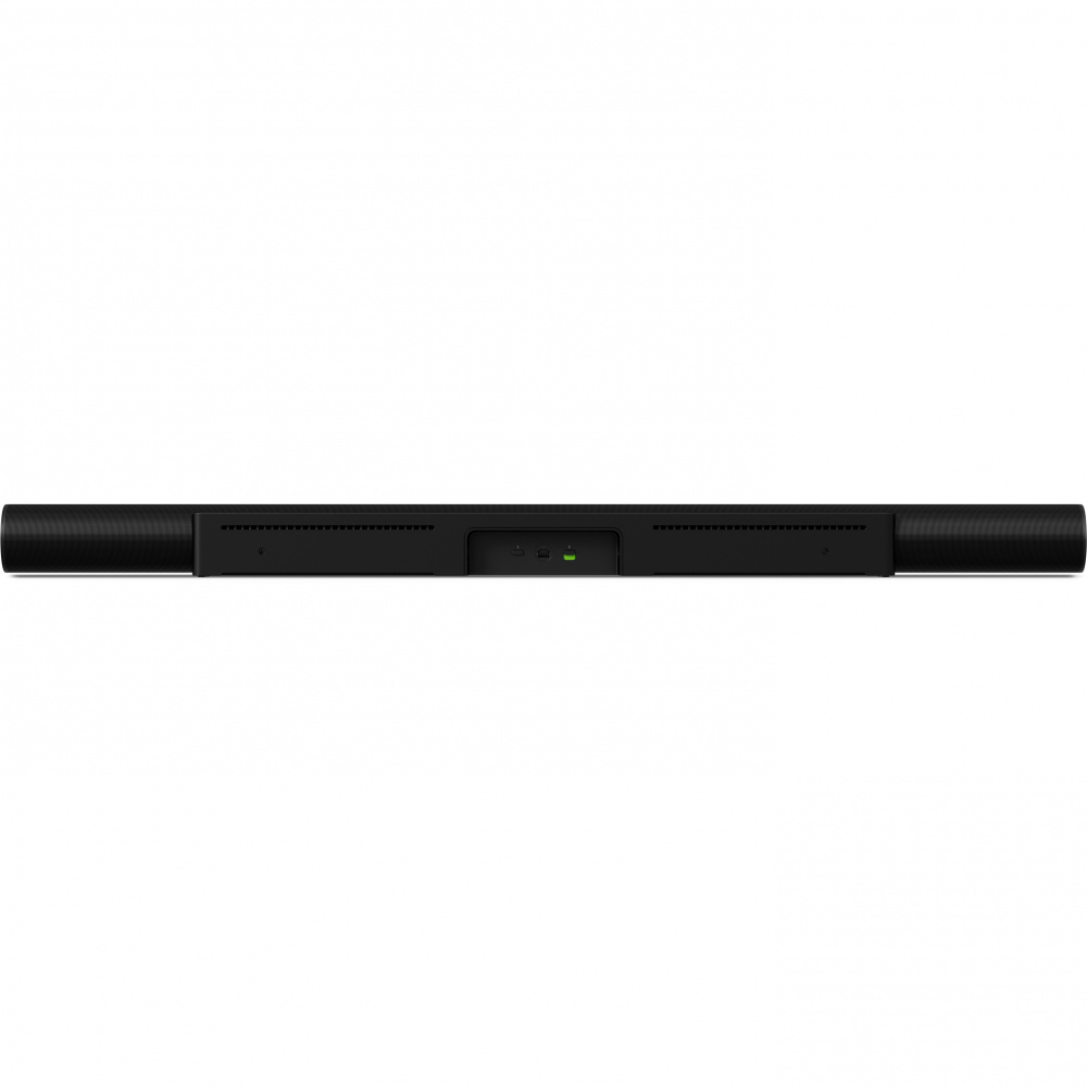 Svart soundbar med slank design och två högtalare i ändarna.