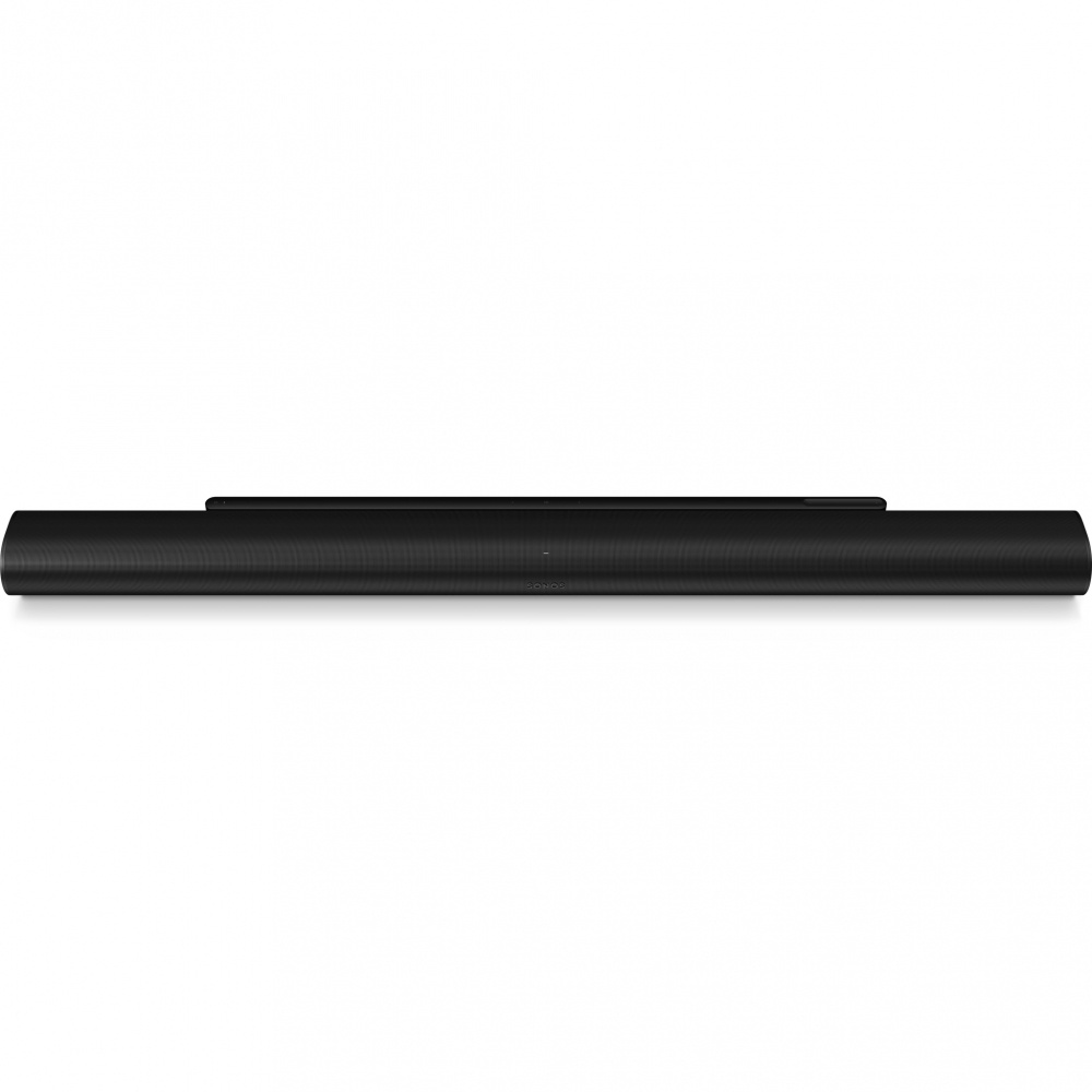 Svart soundbar med en elegant, lång design för kraftfullt ljud och Dolby Atmos.